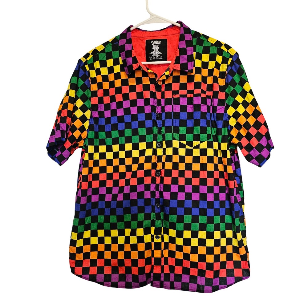 Spencer's Novelty Rainbow Checkerboard Button Up Short Sleeve Shirt LGBTQ+ Pride
